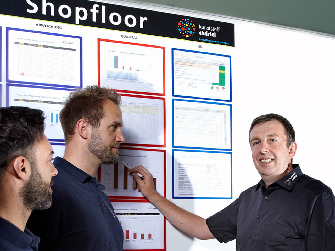 Fertigungsleiter erklärt Mitarbeitern etwas am Whiteboard auf dem Shopfloor